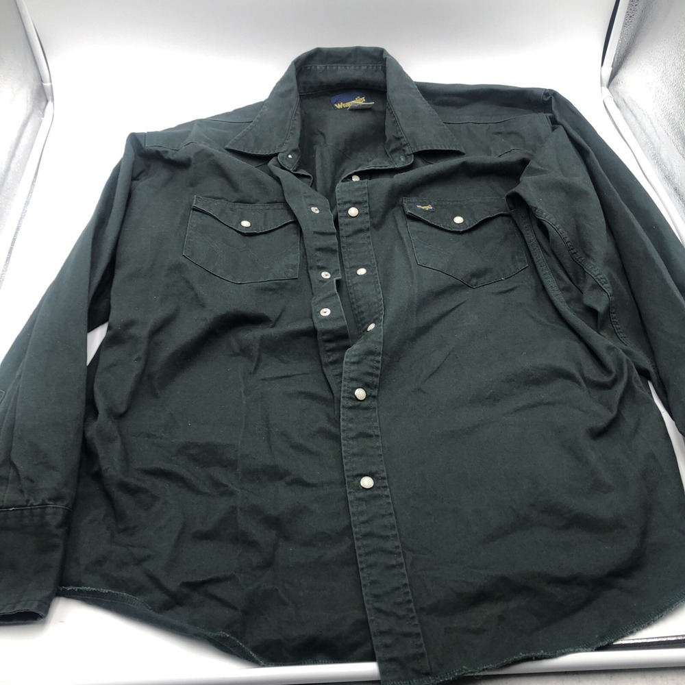 Vintage Wrangler Work Shirt Denim Mens XXL Green Western‎ Pearl Snap Long Sleeve
